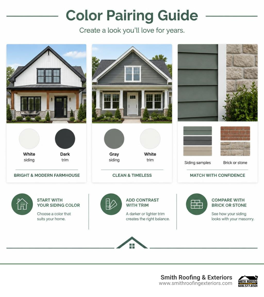 Color pairing guide: white with dark trim, gray with white trim, and siding samples beside brick or stone infographic Color pairing guide: white with dark trim, gray with white trim, and siding samples beside brick or stone infographic