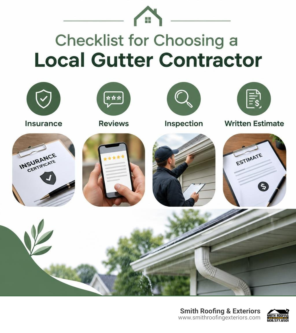 Checklist for choosing a local gutter contractor: insurance, reviews, inspection, written estimate infographic Checklist for choosing a local gutter contractor: insurance, reviews, inspection, written estimate infographic