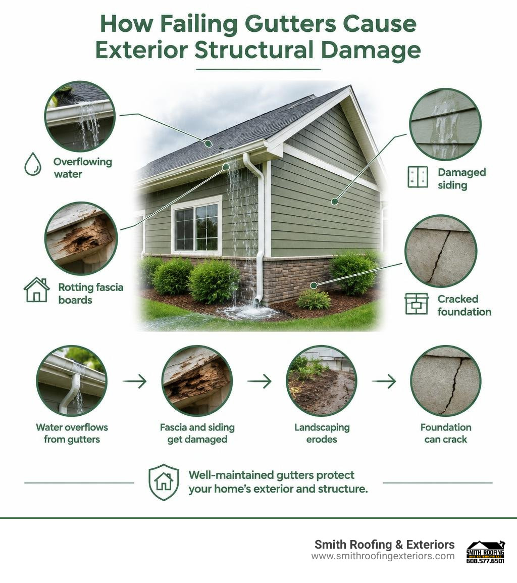 How failing gutters cause exterior structural damage infographic How failing gutters cause exterior structural damage infographic