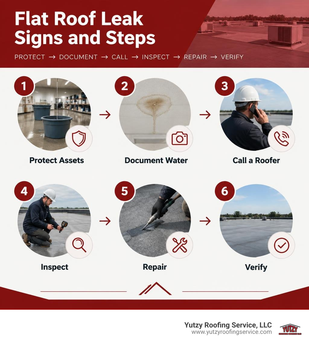 Flat roof leak signs and steps: protect assets, document water, call a roofer, inspect, repair, verify infographic Flat roof leak signs and steps: protect assets, document water, call a roofer, inspect, repair, verify infographic