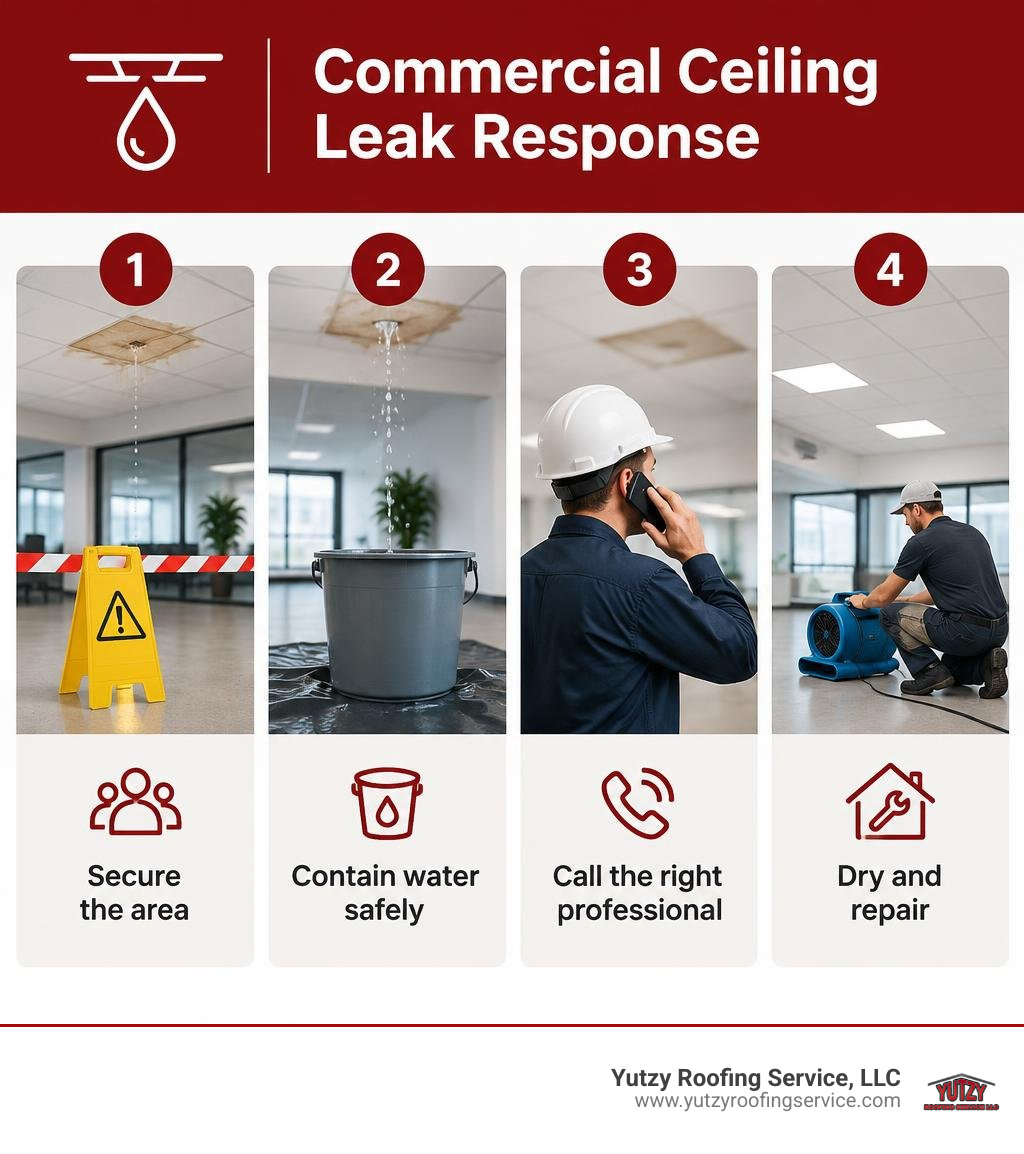 Commercial ceiling leak response: secure the area, contain water safely, call the right professional, then dry and repair Commercial ceiling leak response: secure the area, contain water safely, call the right professional, then dry and repair