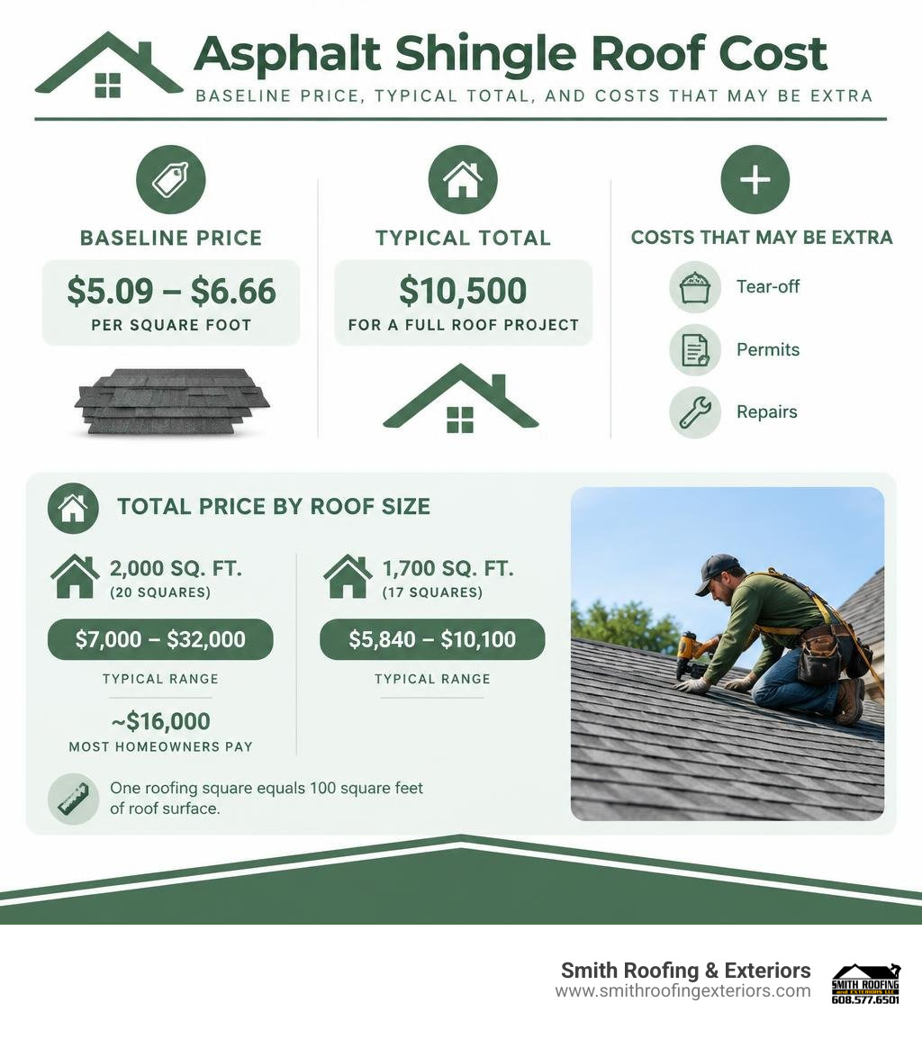 Asphalt shingle roof cost: baseline price, typical total, and costs that may be extra infographic Asphalt shingle roof cost: baseline price, typical total, and costs that may be extra infographic
