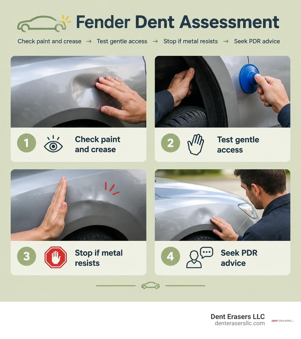 Fender dent assessment: check paint and crease, test gentle access, stop if metal resists, seek PDR advice infographic Fender Dent Assessment: Check Paint And Crease, Test Gentle Access, Stop If Metal Resists, Seek Pdr Advice Infographic