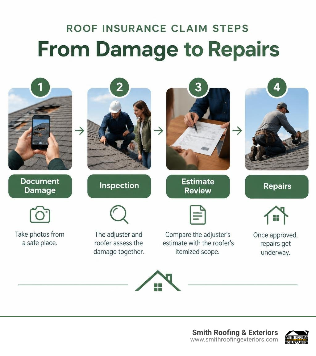 Roof insurance claim steps from documenting damage through inspection, estimate review, and repairs infographic Roof insurance claim steps from documenting damage through inspection, estimate review, and repairs infographic