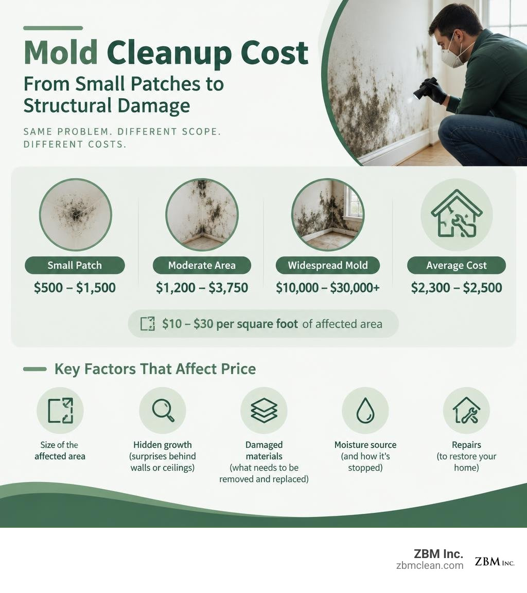 Mold cleanup cost ranges from small patches to structural damage, with key factors that affect price infographic Mold cleanup cost ranges from small patches to structural damage, with key factors that affect price infographic