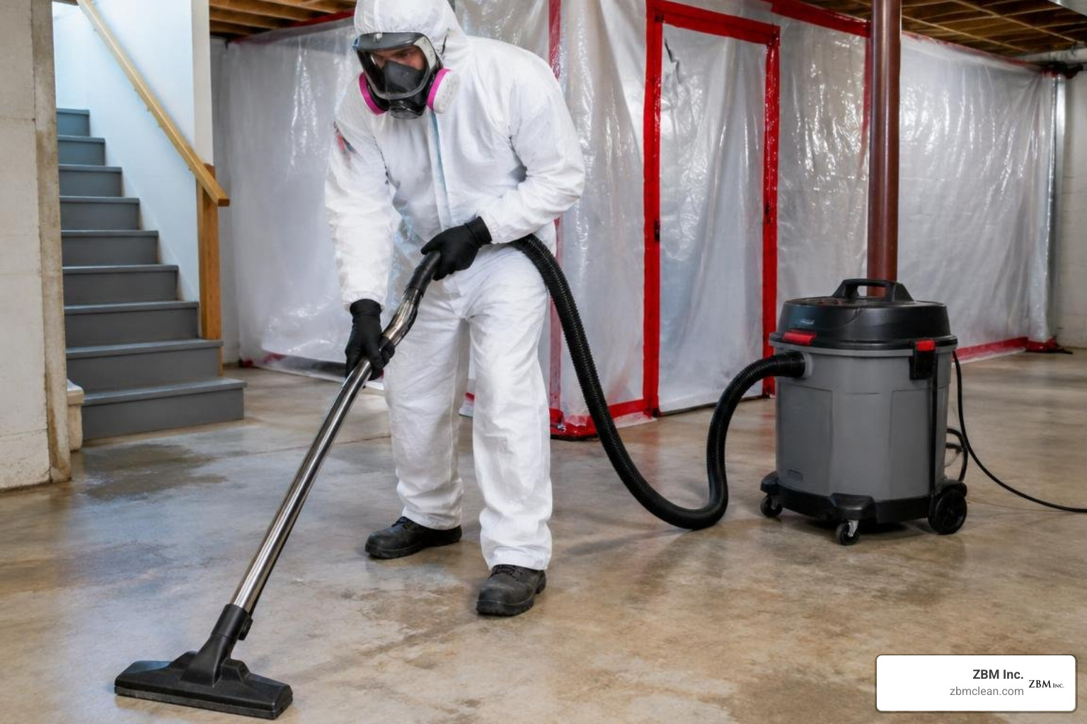 Certified technician in protective gear performing HEPA remediation Certified technician in protective gear performing HEPA remediation