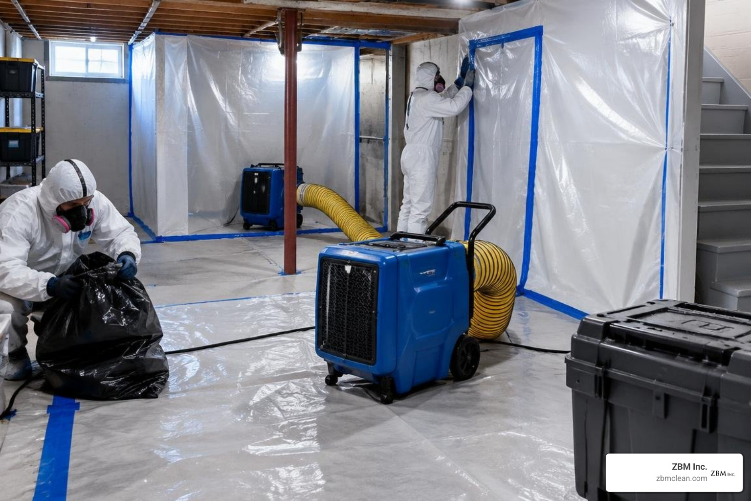 Basement and attic containment setup for professional mold remediation Basement and attic containment setup for professional mold remediation