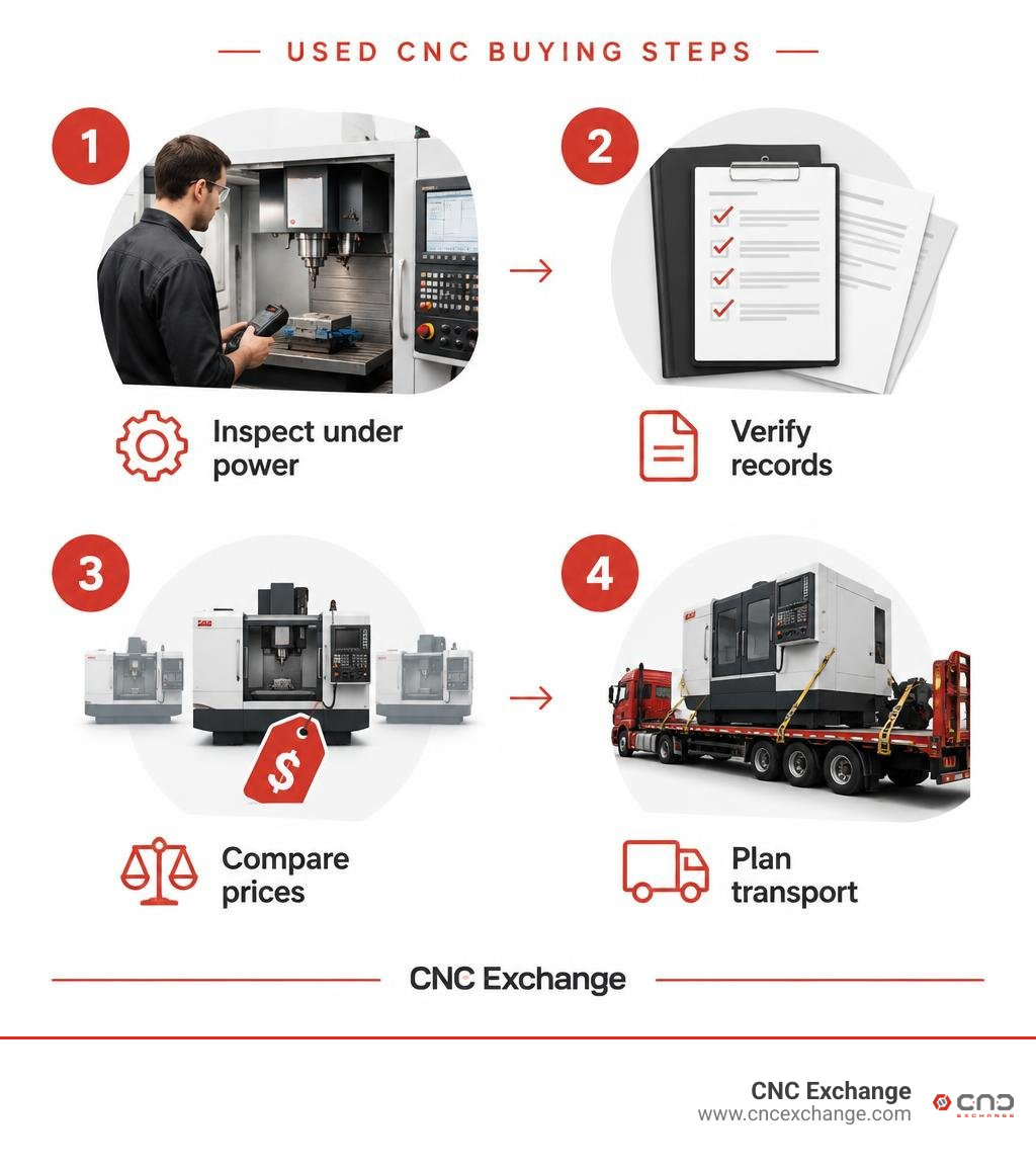 Used CNC buying steps: inspect under power, verify records, compare prices, plan transport infographic