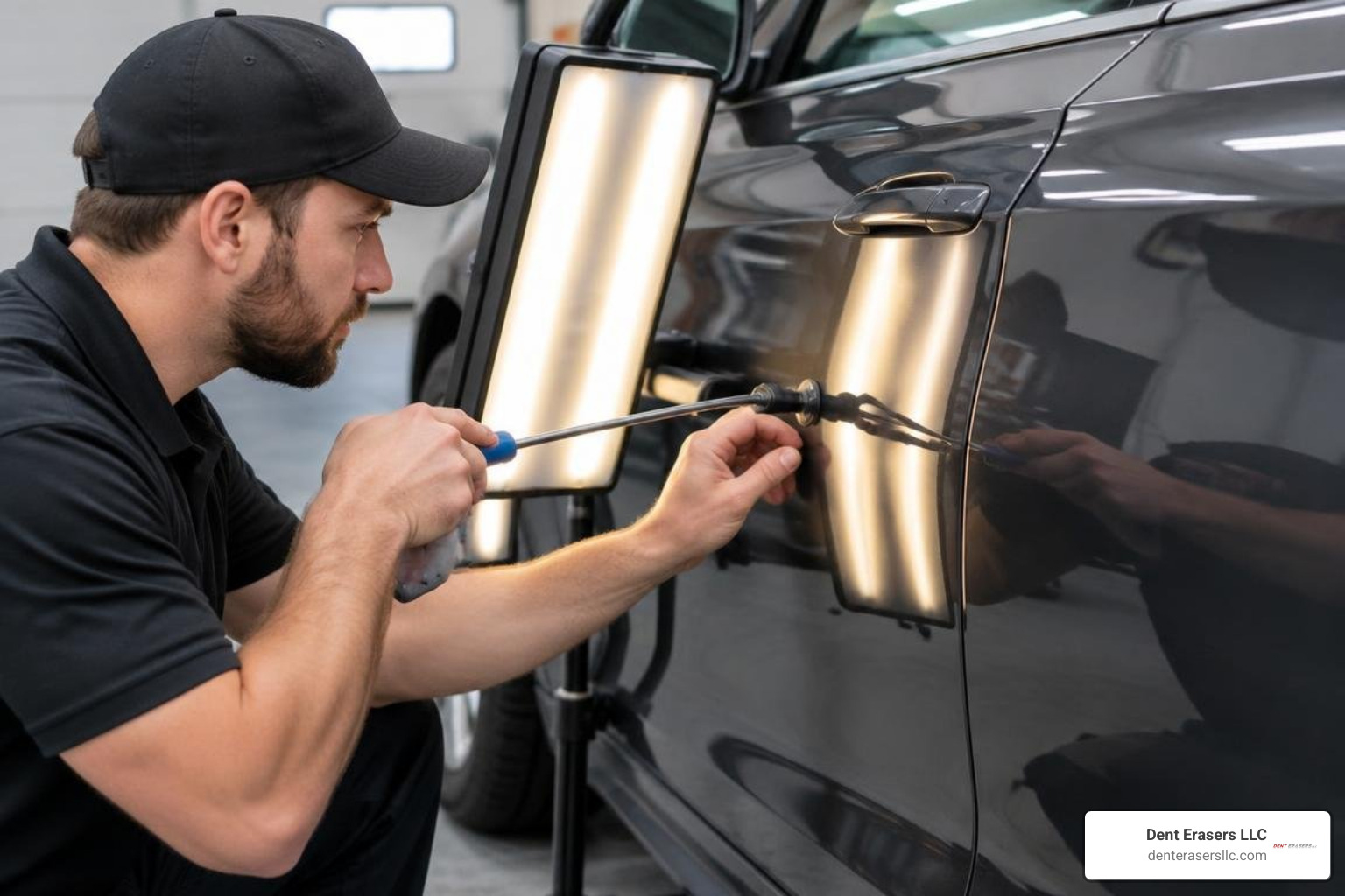 technician using paintless dent repair tools and reflection board Technician Using Paintless Dent Repair Tools And Reflection Board