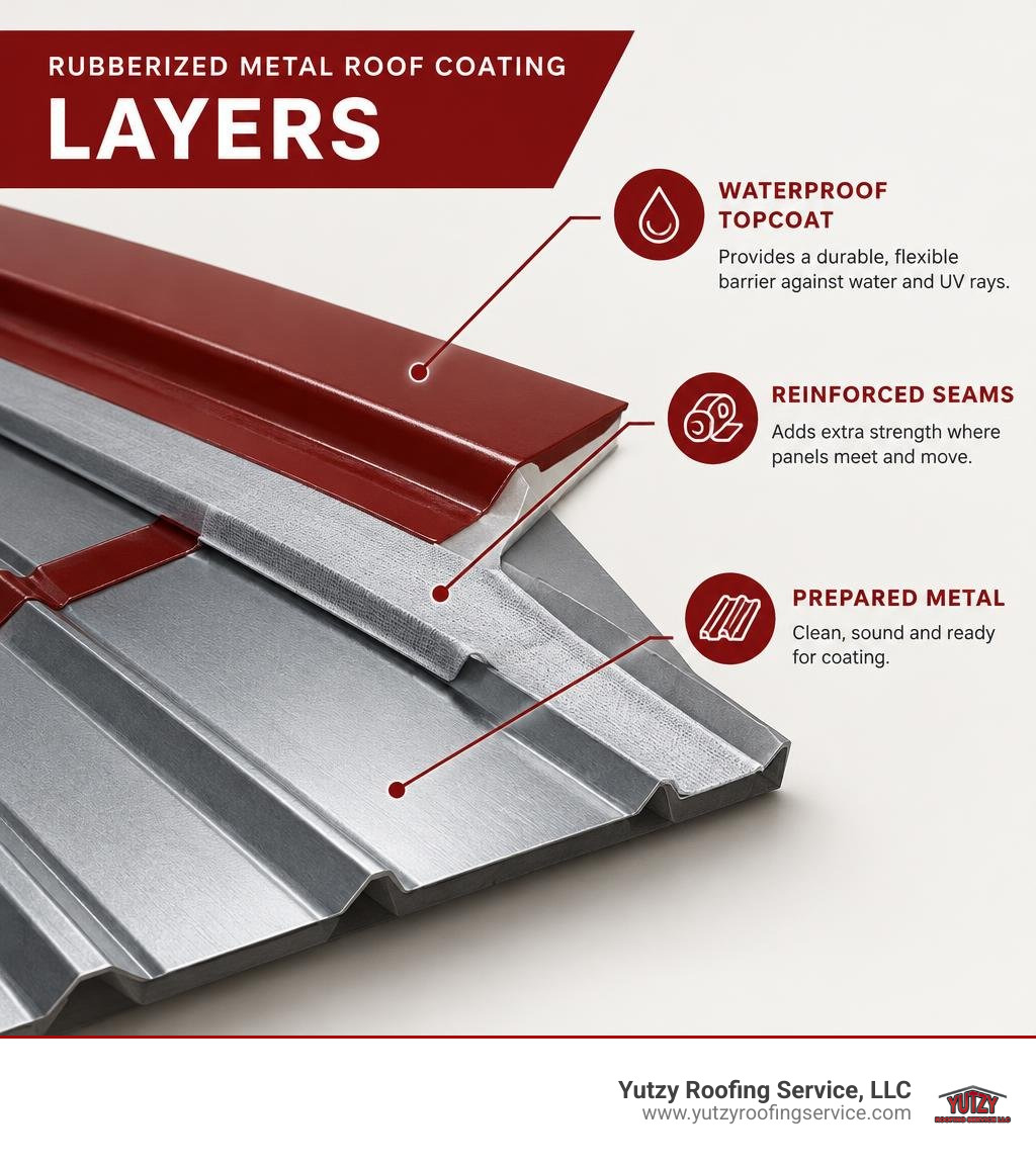 rubberized metal roof coating layers showing prepared metal, reinforced seams, and waterproof topcoat infographic rubberized metal roof coating layers showing prepared metal, reinforced seams, and waterproof topcoat infographic