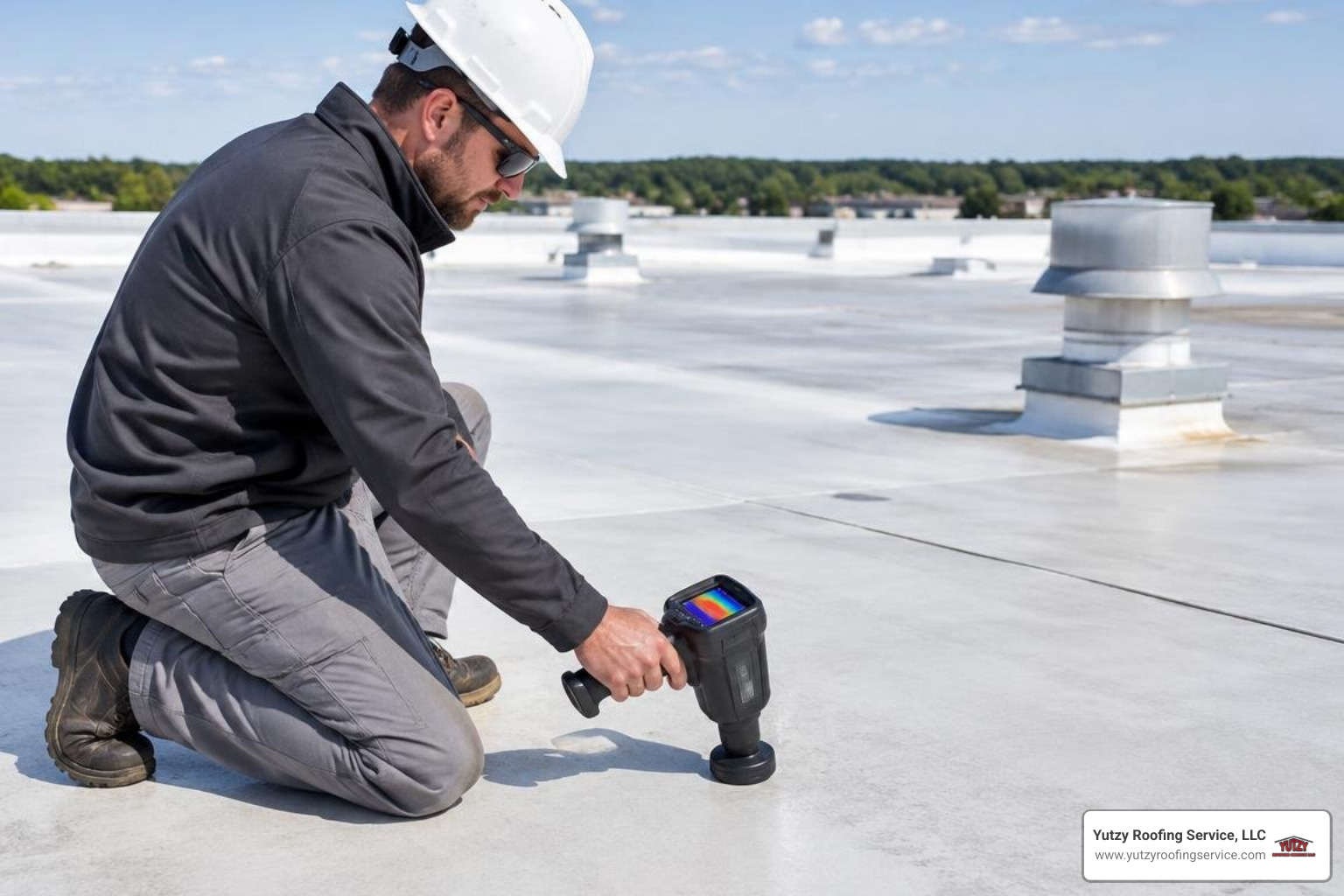 commercial roofing technician conducting infrared moisture scan on membrane commercial roofing technician conducting infrared moisture scan on membrane