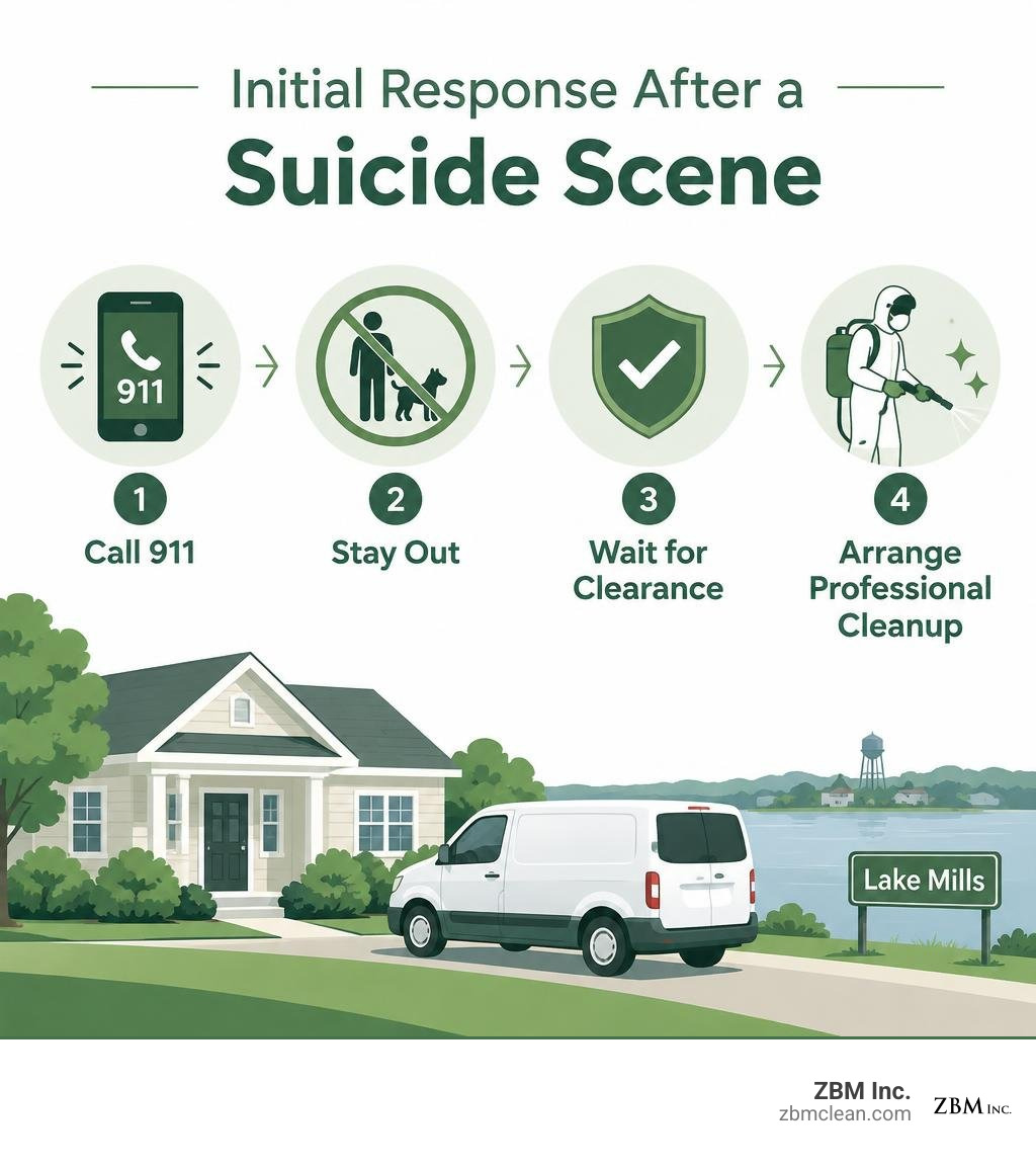 Initial response after a suicide scene: call 911, stay out, wait for clearance, arrange professional cleanup infographic Initial response after a suicide scene: call 911, stay out, wait for clearance, arrange professional cleanup infographic