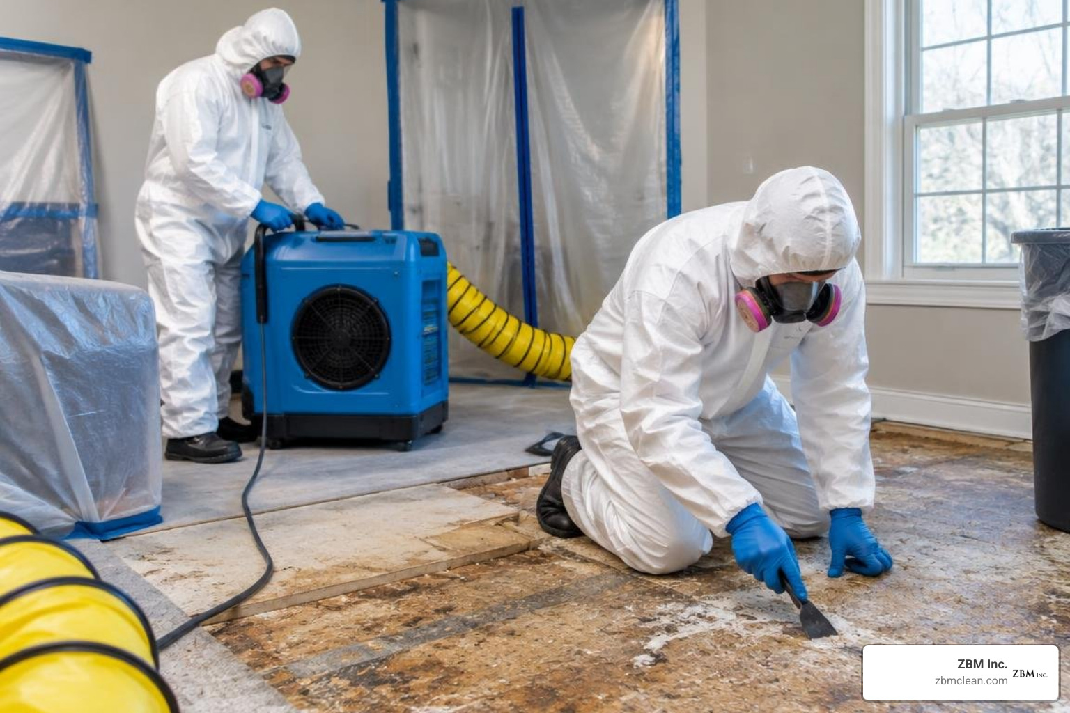 HEPA air filtration and subfloor decontamination in progress HEPA air filtration and subfloor decontamination in progress