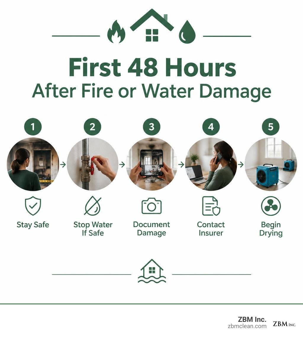 First 48 hours after fire or water damage: stay safe, stop water if safe, document damage, contact insurer, and begin drying First 48 hours after fire or water damage: stay safe, stop water if safe, document damage, contact insurer, and begin drying