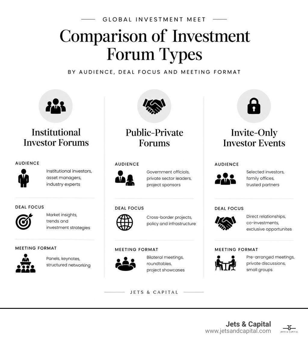 Comparison of investment forum types by audience, deal focus, and meeting format infographic Comparison of investment forum types by audience, deal focus, and meeting format infographic