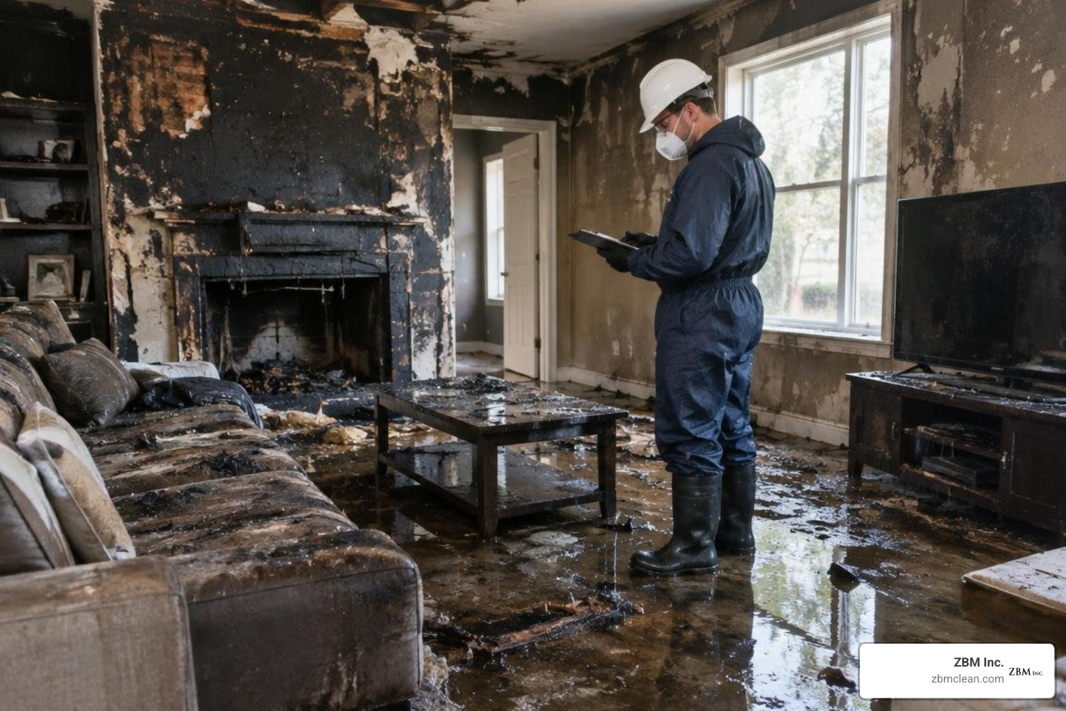 restoration technician inspecting smoke and water-damaged home restoration technician inspecting smoke and water-damaged home