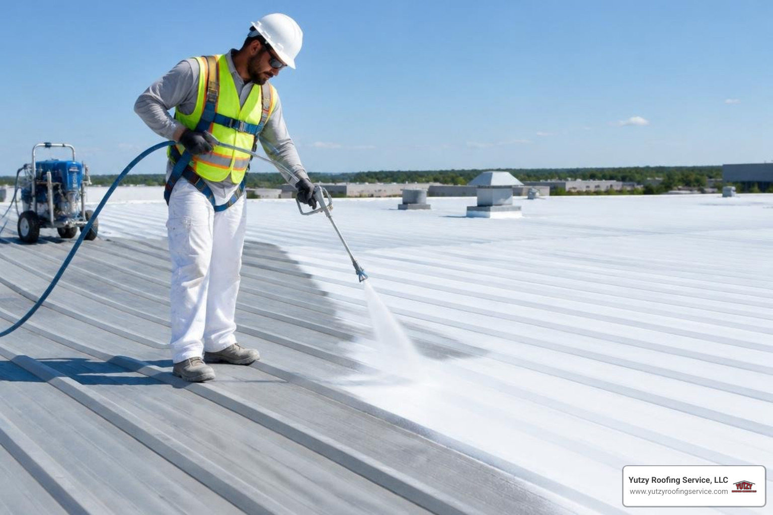 certified roofing contractor applying liquid rubber coating with commercial airless spray equipment certified roofing contractor applying liquid rubber coating with commercial airless spray equipment