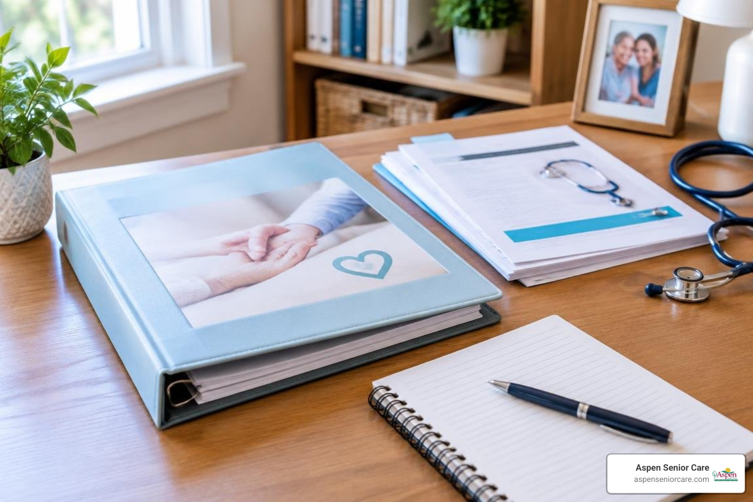 personalized healthcare binder and care plan materials on a tidy desk