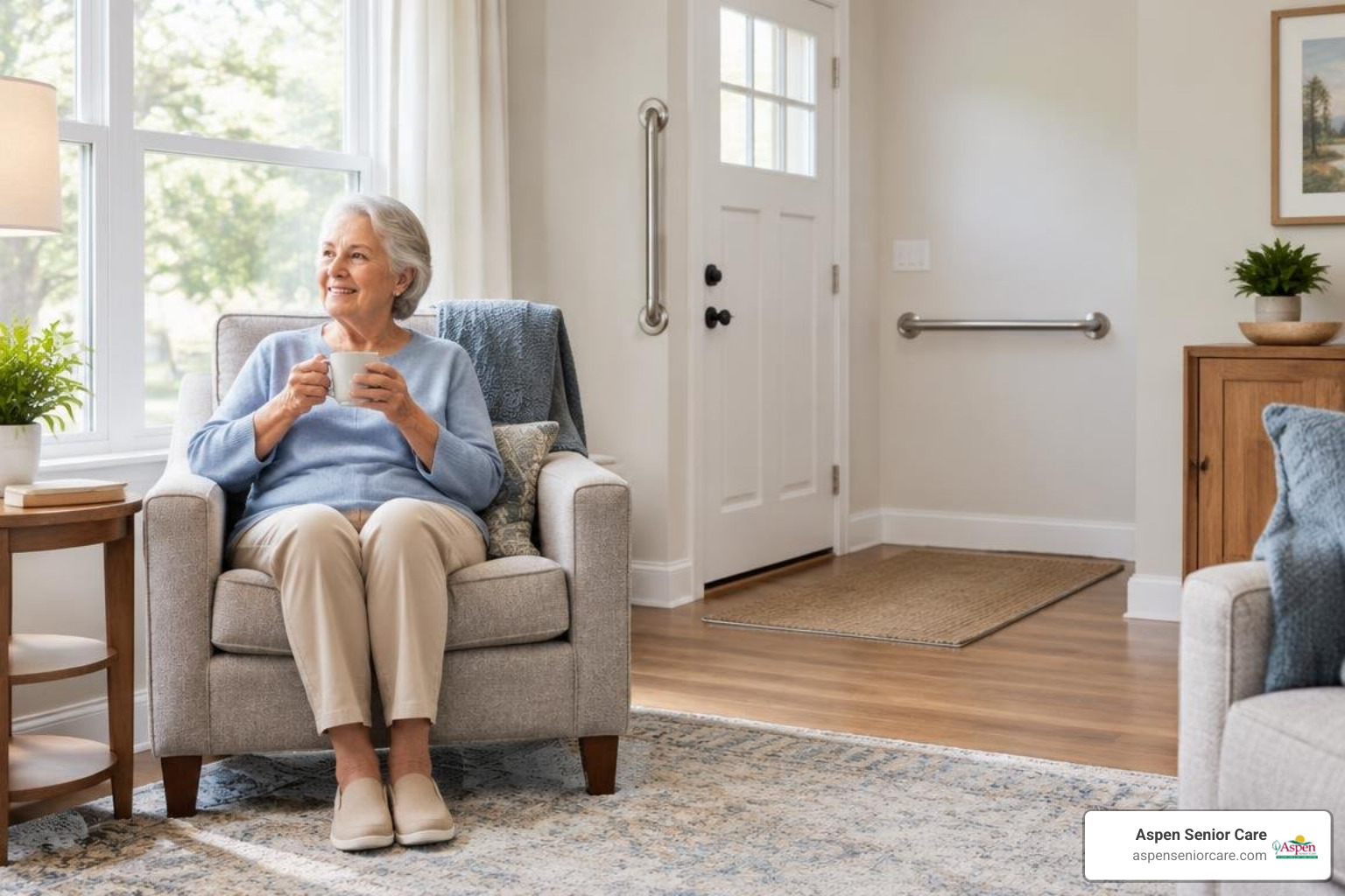 safe, adapted living room with grab bars and clear walkways