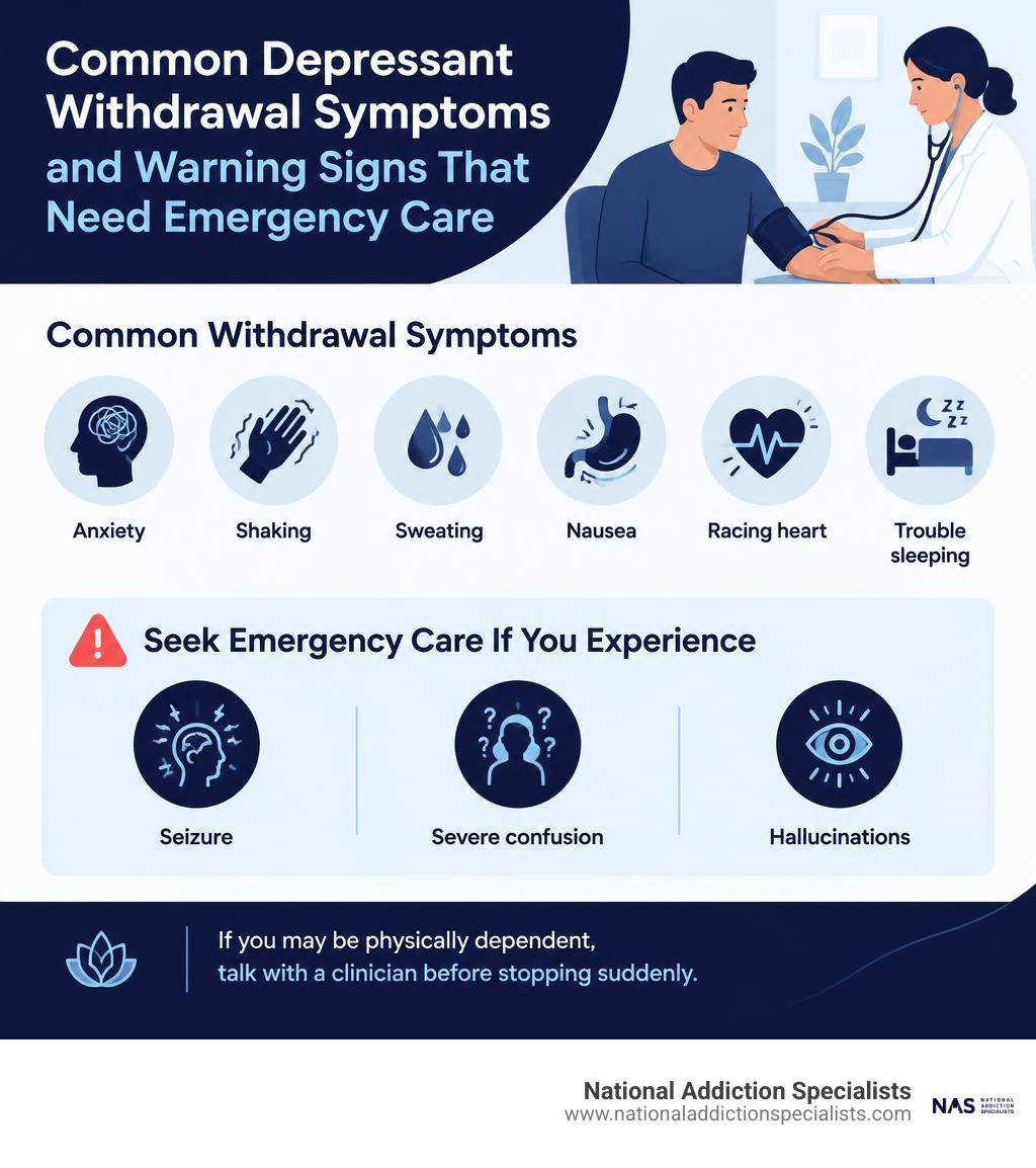 Common depressant withdrawal symptoms and warning signs that need emergency care infographic Common depressant withdrawal symptoms and warning signs that need emergency care infographic