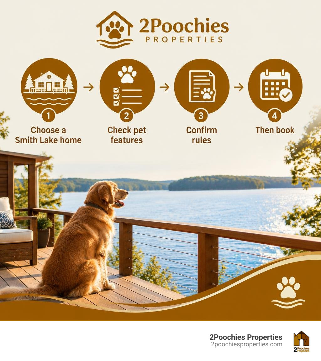 Infographic: Choose a Smith Lake home, check pet features, confirm rules, then book; 2Poochies logo infographic