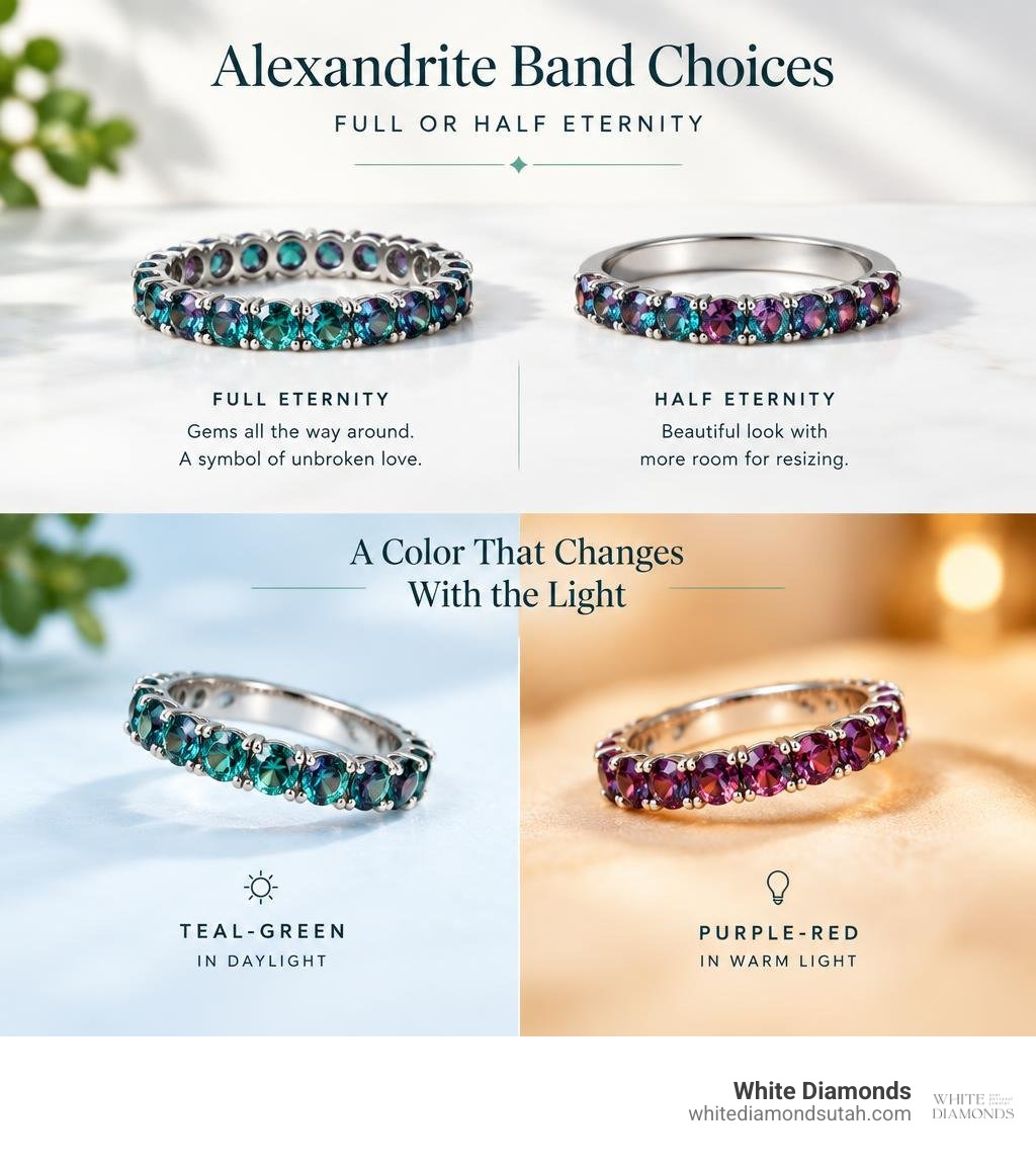 Alexandrite band choices: full or half eternity; teal-green in daylight, purple-red in warm light infographic Alexandrite band choices: full or half eternity; teal-green in daylight, purple-red in warm light infographic