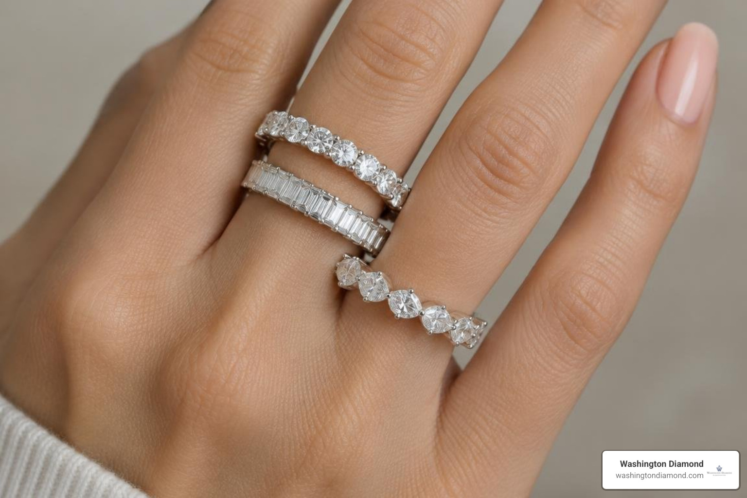 Showcase of round, baguette, and marquise eternity bands Showcase of round, baguette, and marquise eternity bands