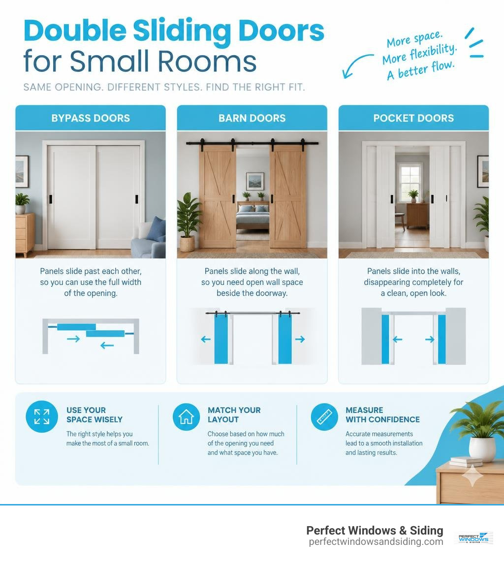 Comparison of bypass, barn, and pocket double sliding doors for small rooms infographic Comparison of bypass, barn, and pocket double sliding doors for small rooms infographic