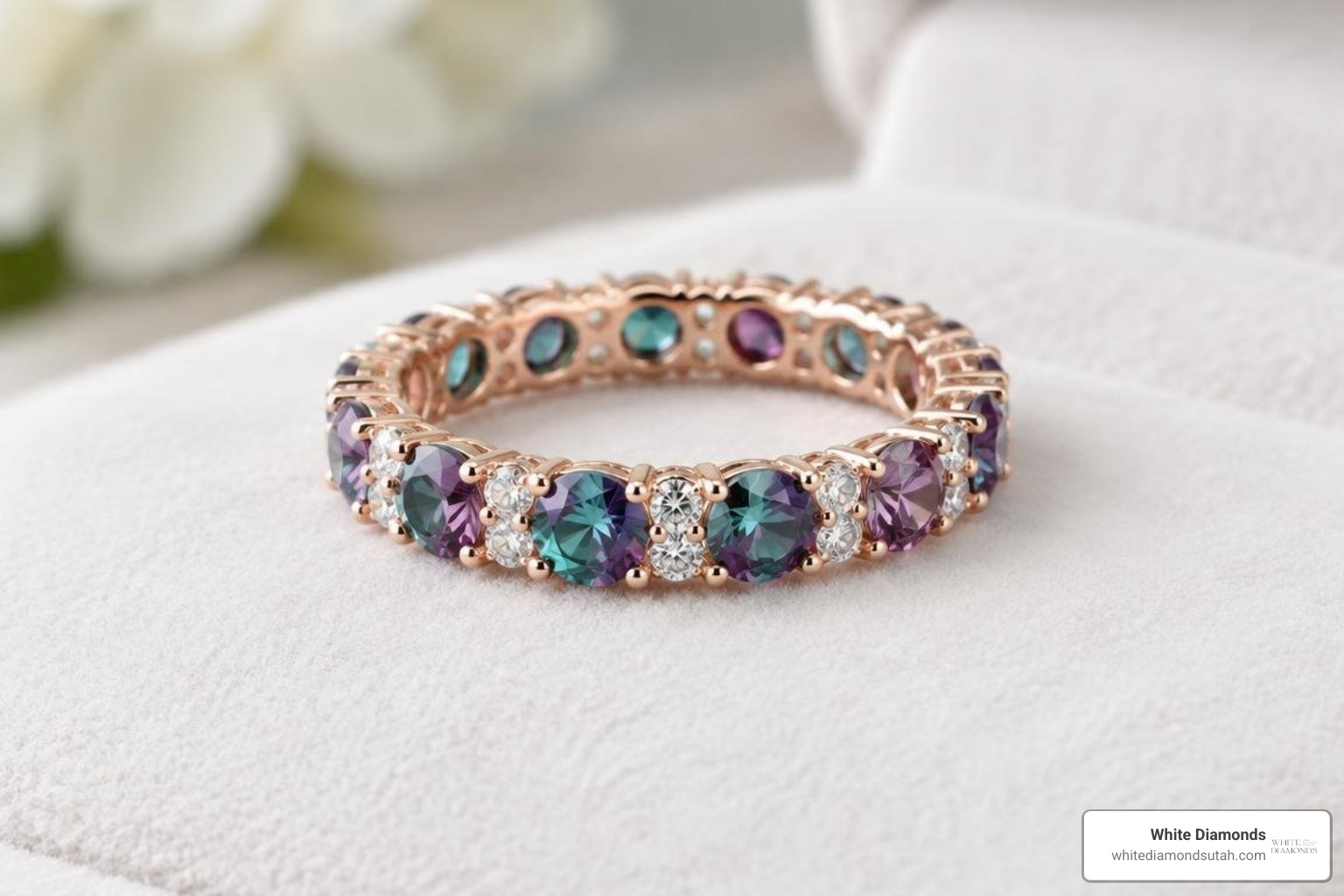 Rose gold alexandrite eternity band accented with moissanite stones Rose gold alexandrite eternity band accented with moissanite stones