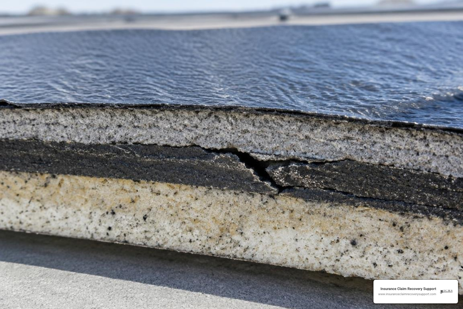 Hail impact core sample showing commercial underlayment fracture Hail impact core sample showing commercial underlayment fracture