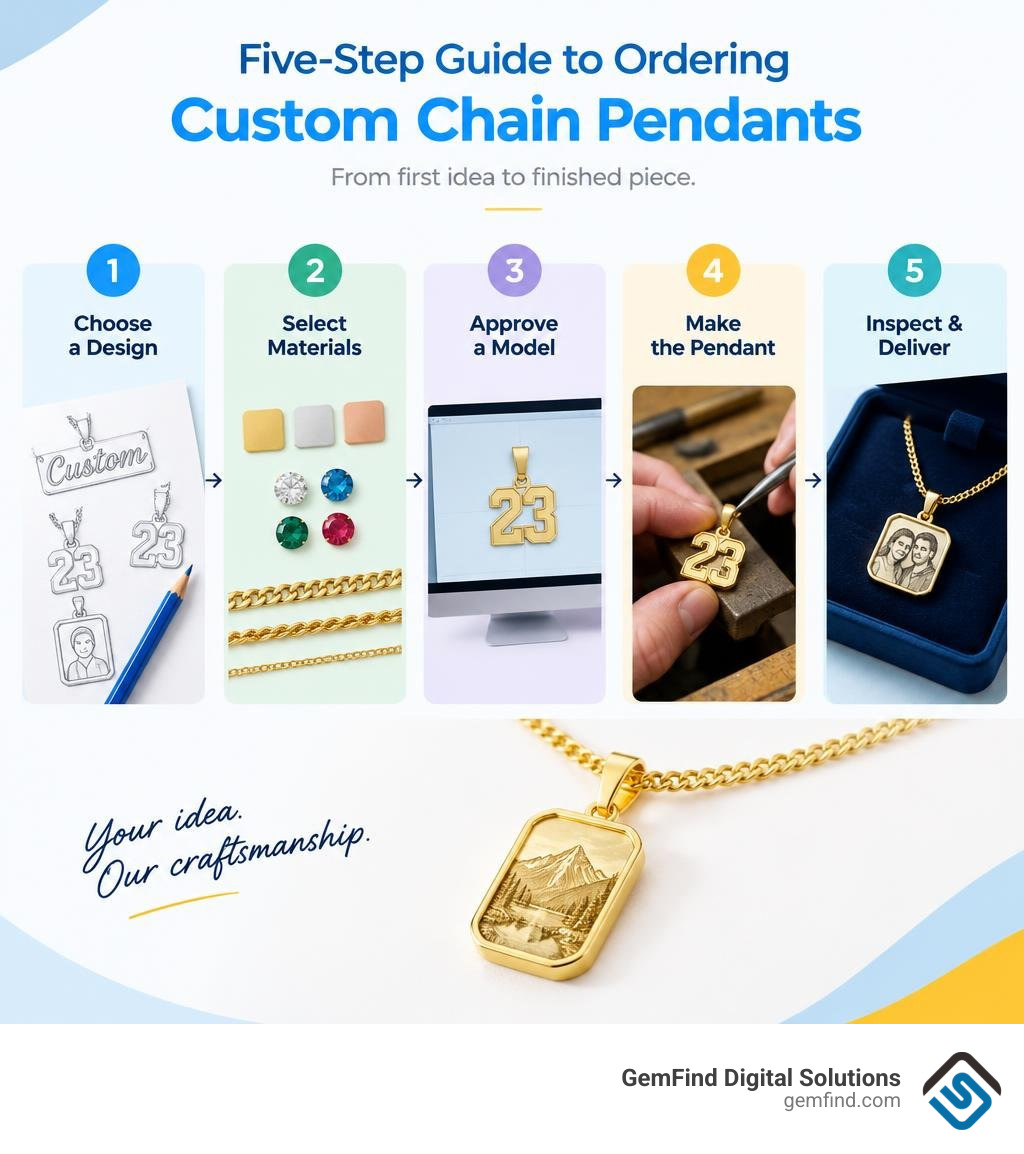 Five-step guide to ordering custom chain pendants, from first idea to finished piece infographic