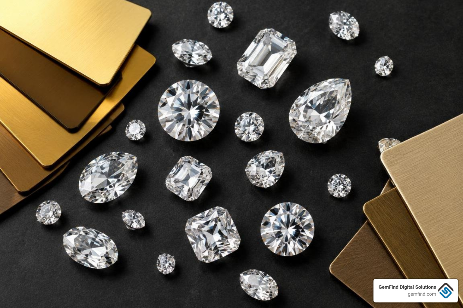 Loose diamonds and moissanite stones arranged next to gold metal swatches
