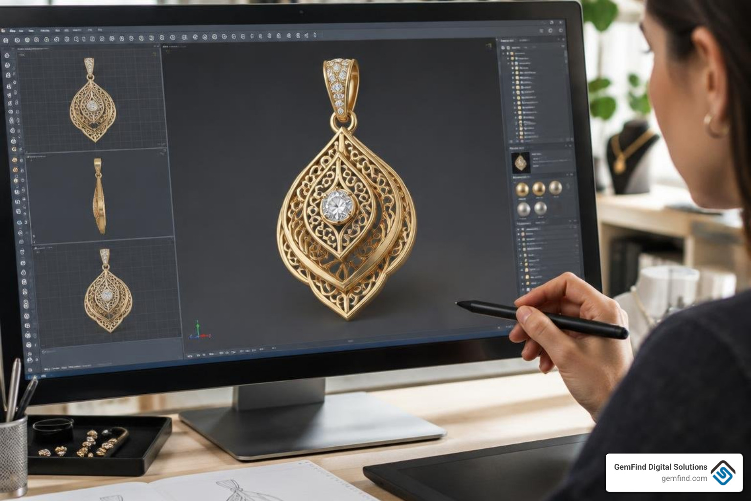 Computer-aided 3D CAD rendering of a multi-layered custom pendant