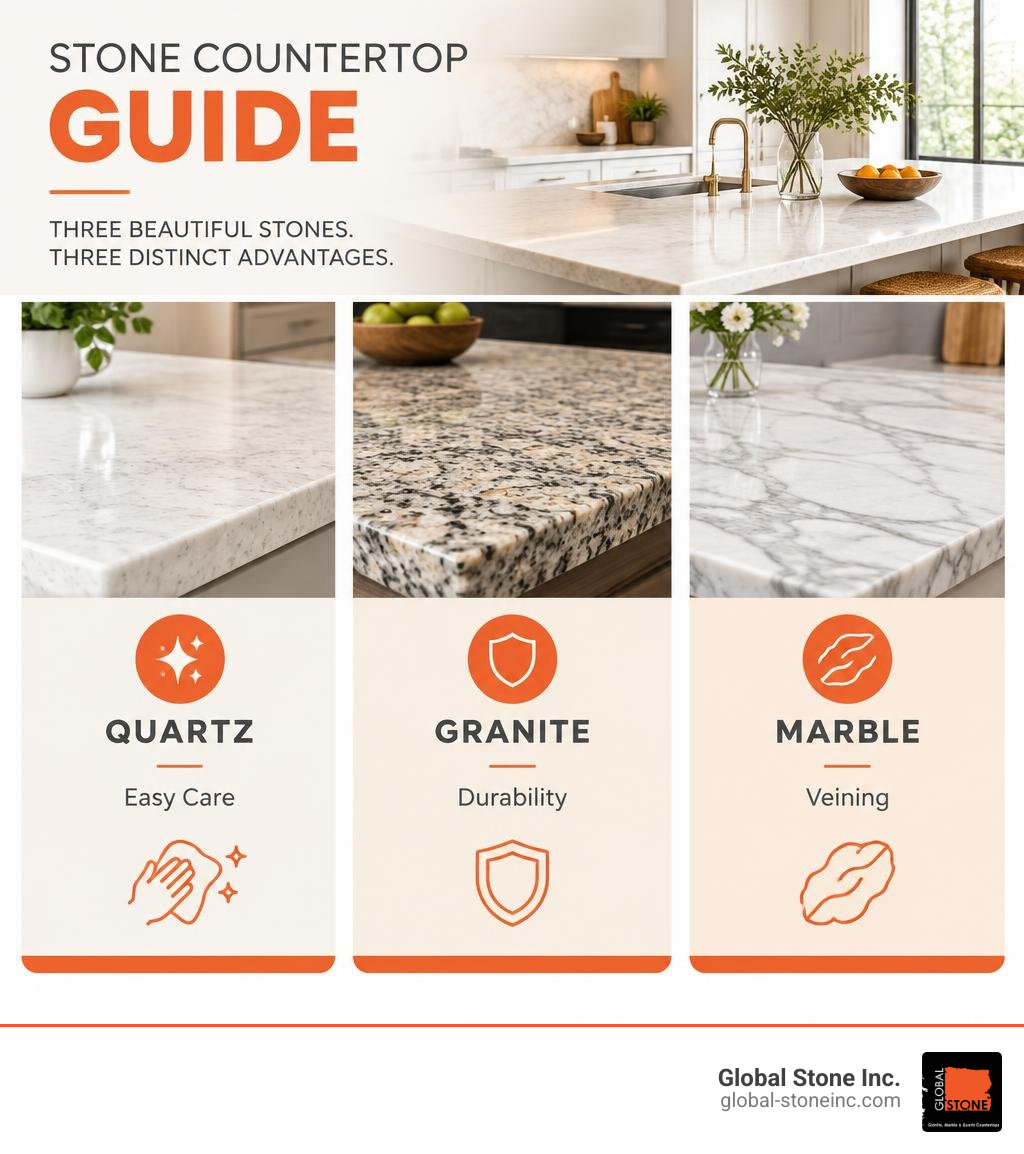 Stone countertop guide comparing quartz for easy care, granite for durability, and marble for veining infographic