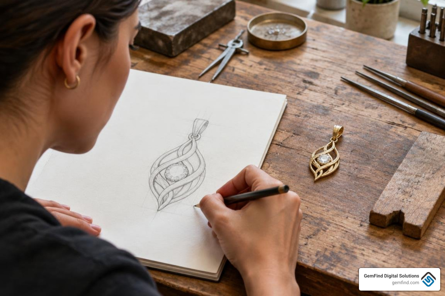 Jewelry artisan sketching a custom gold pendant beside a finished piece