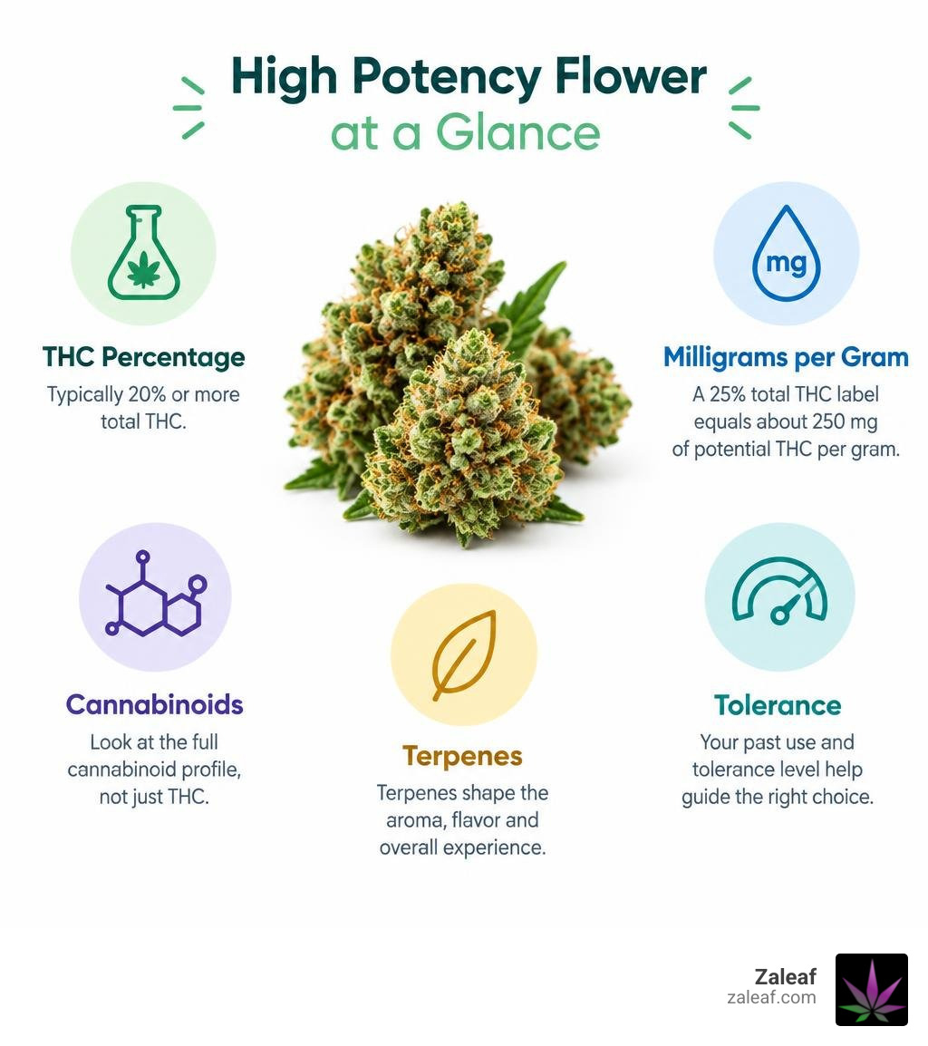 High potency flower at a glance: THC percentage, milligrams per gram, cannabinoids, terpenes, and tolerance infographic