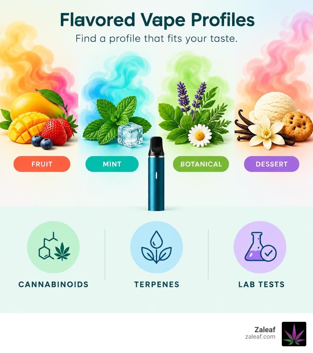 flavored vape profiles: fruit, mint, botanical, and dessert; check cannabinoids, terpenes, and lab tests infographic flavored vape profiles: fruit, mint, botanical, and dessert; check cannabinoids, terpenes, and lab tests infographic