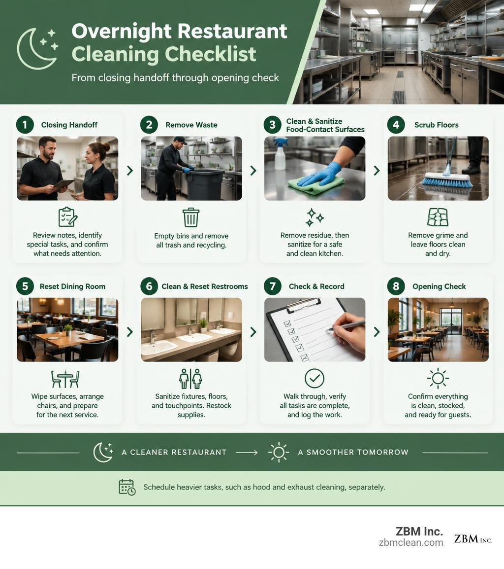 Overnight restaurant cleaning checklist from closing handoff through opening check infographic Overnight restaurant cleaning checklist from closing handoff through opening check infographic