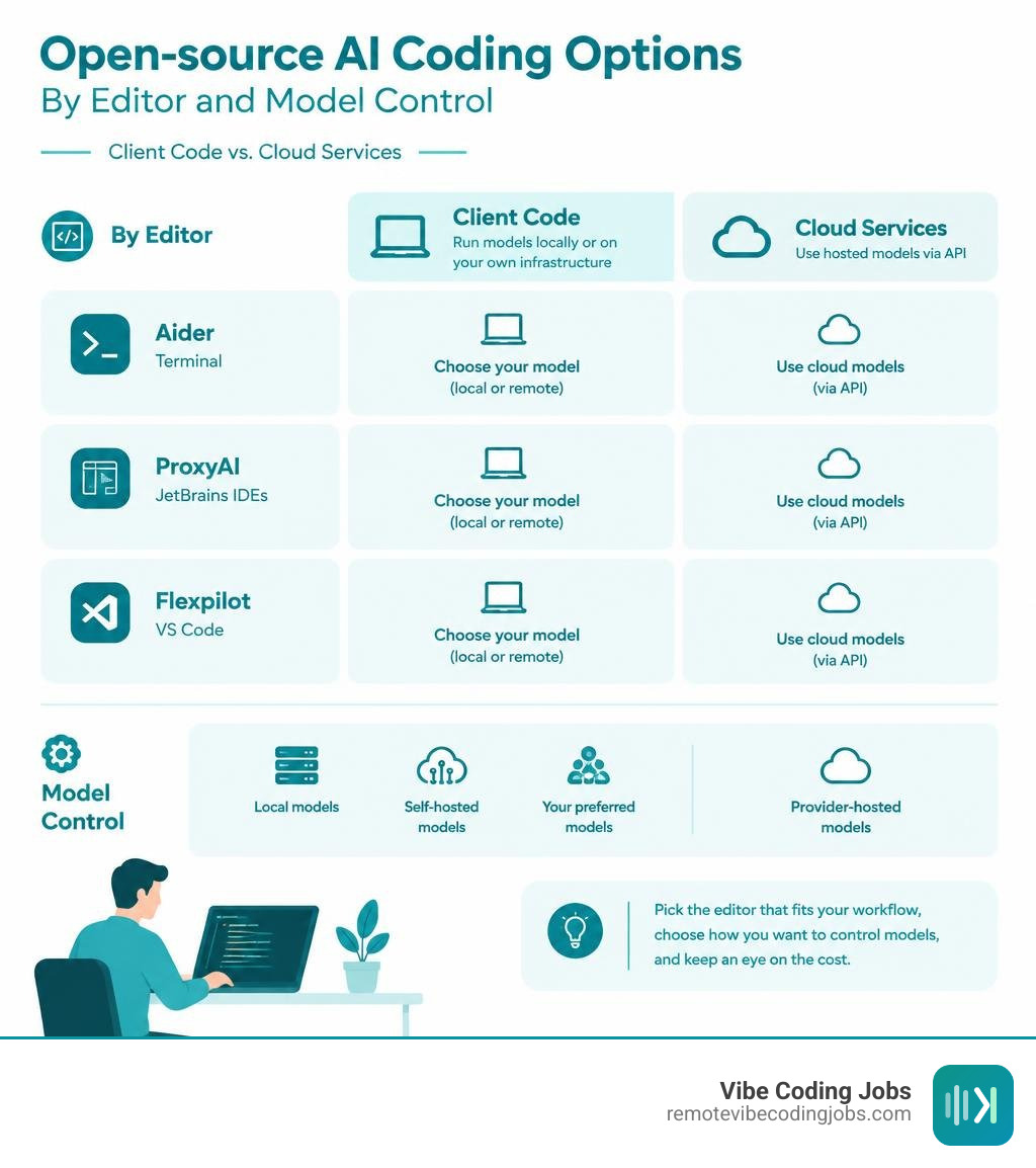 Open-source AI coding options by editor and model control, with client code versus cloud services infographic