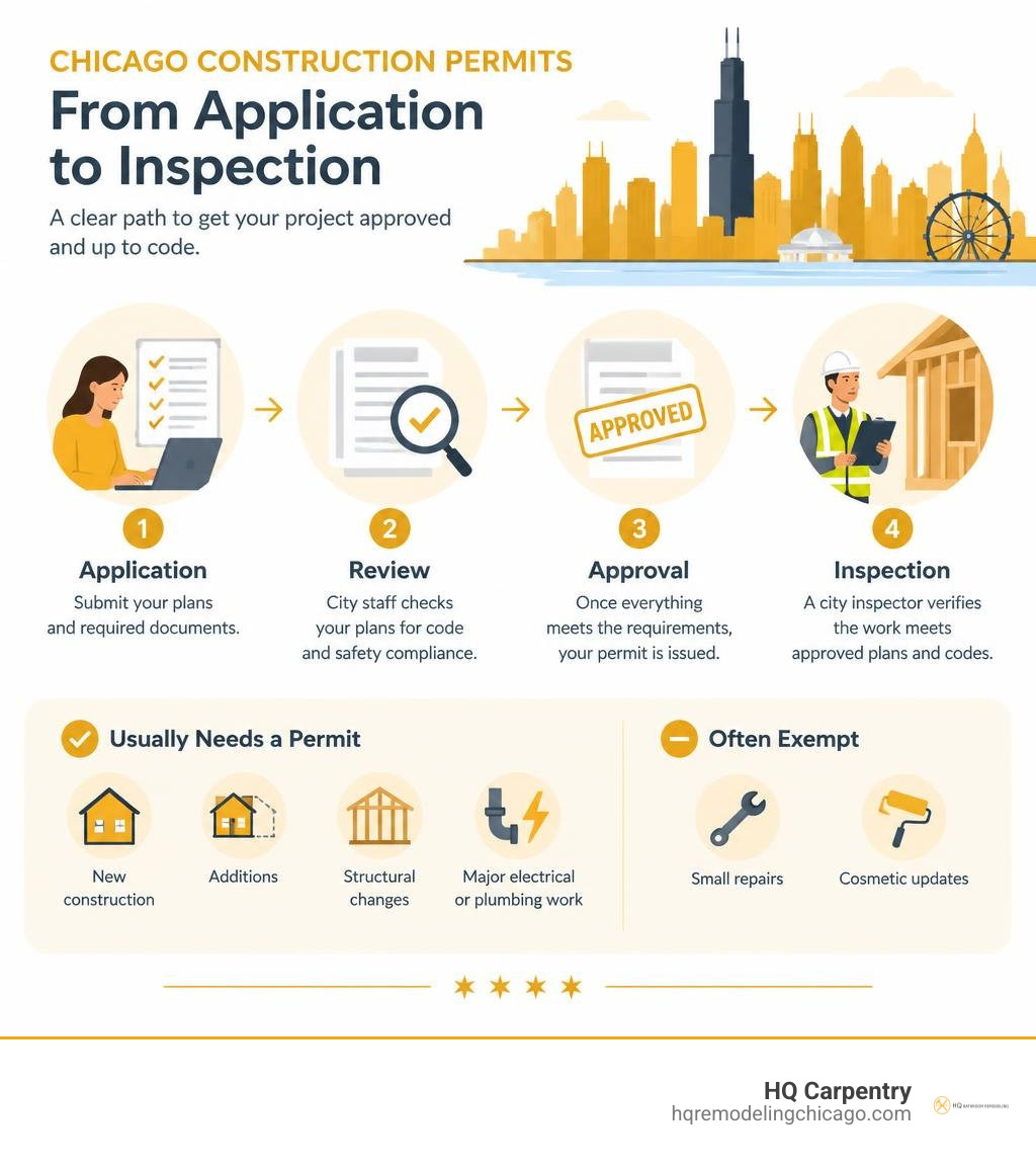 Overview of Chicago construction permits from application and review to approval and inspection infographic Overview of Chicago construction permits from application and review to approval and inspection infographic