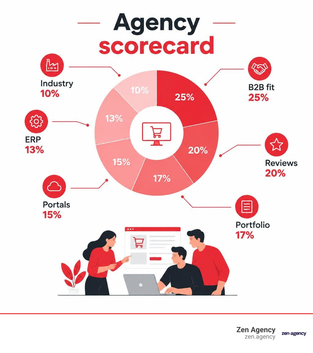 Agency scorecard: B2B fit 25%, reviews 20%, portfolio 17%, portals 15%, ERP 13%, industry 10% infographic Agency scorecard: B2B fit 25%, reviews 20%, portfolio 17%, portals 15%, ERP 13%, industry 10% infographic