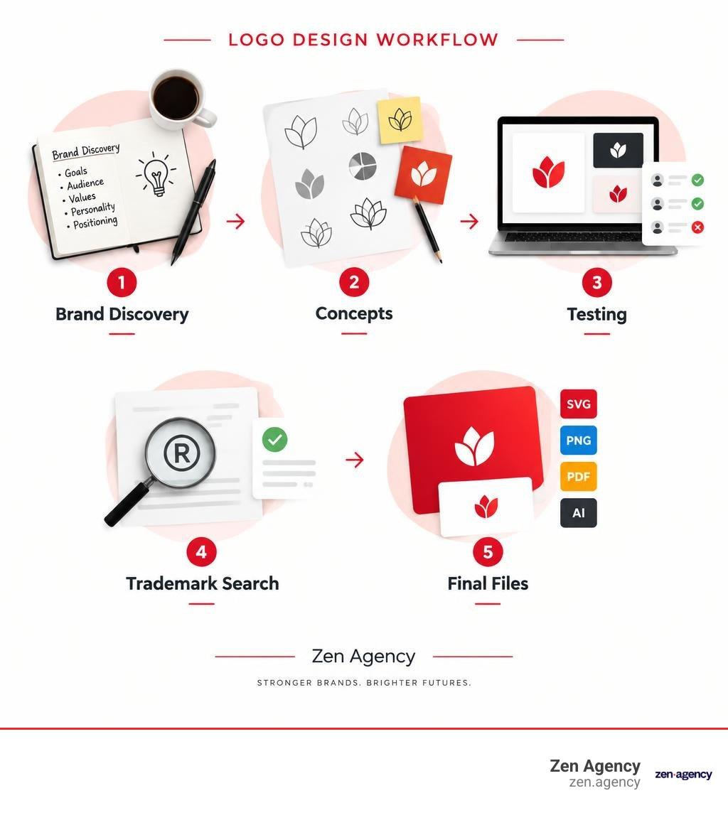 Logo design workflow: brand discovery, concepts, testing, trademark search, and final files infographic Logo design workflow: brand discovery, concepts, testing, trademark search, and final files infographic