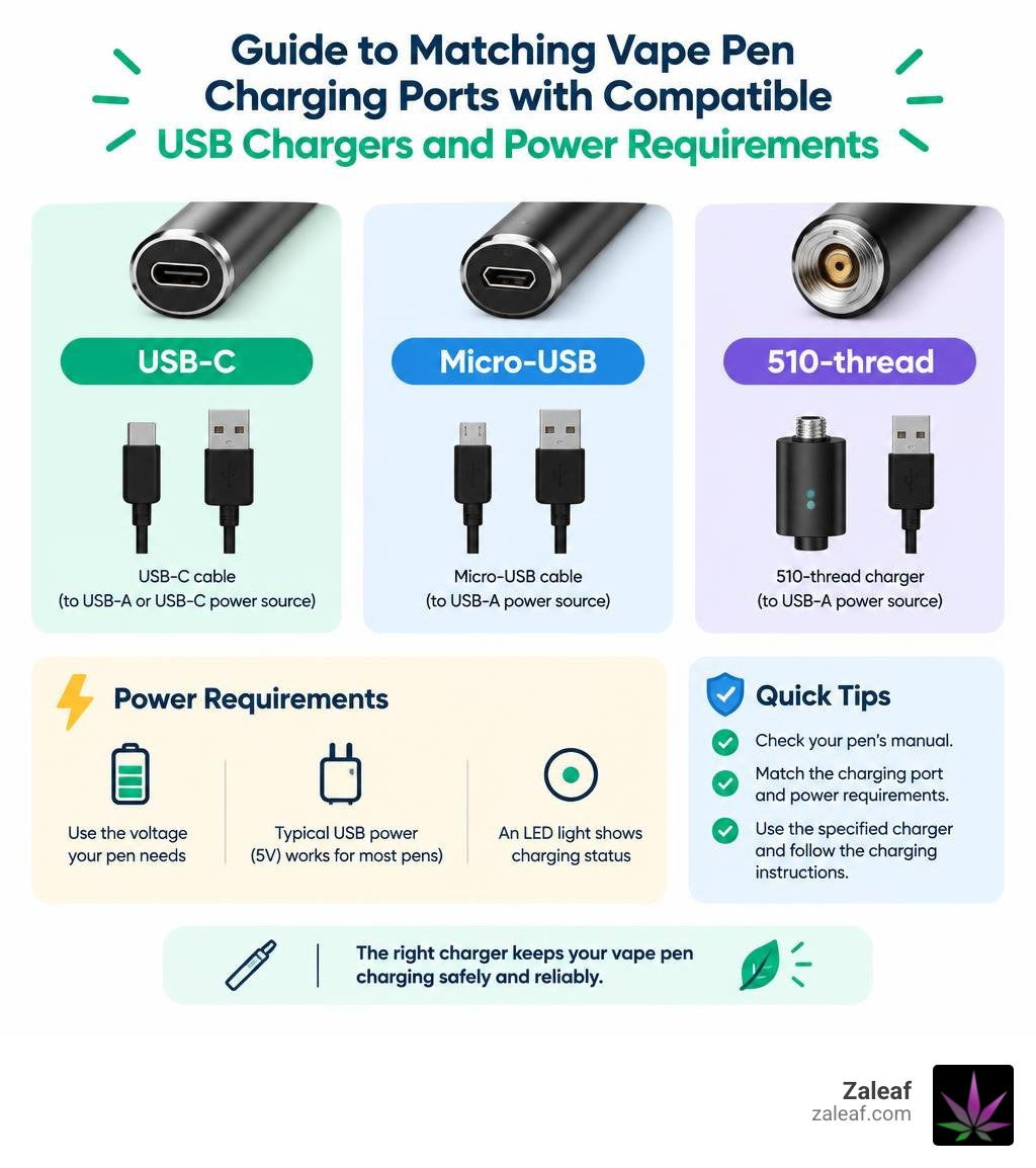 Guide to matching vape pen charging ports with compatible USB chargers and power requirements infographic Guide to matching vape pen charging ports with compatible USB chargers and power requirements infographic