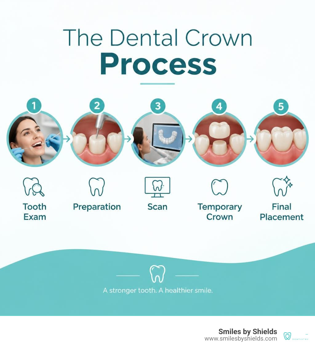 Dental crown process: tooth exam, preparation, scan, temporary crown, and final placement infographic