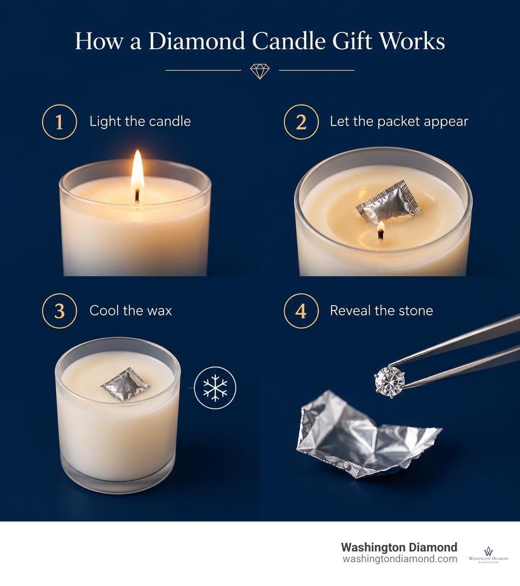 How a diamond candle gift works: light the candle, let the packet appear, cool the wax, reveal the stone infographic How a diamond candle gift works: light the candle, let the packet appear, cool the wax, reveal the stone infographic