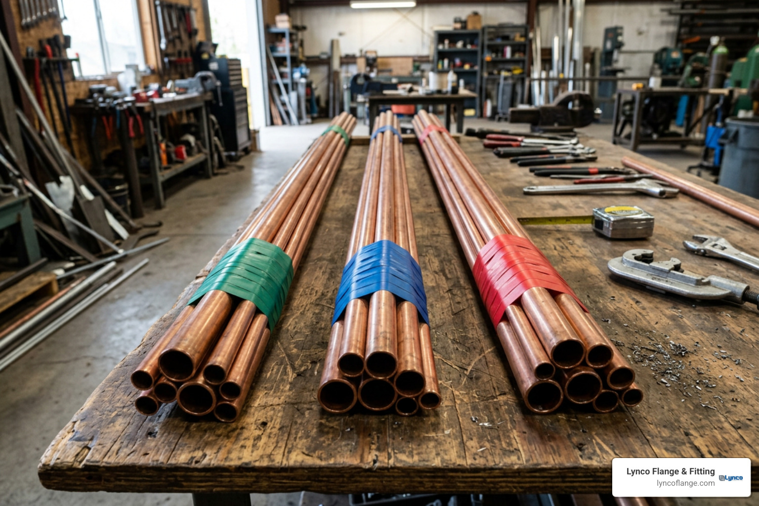 color-coded Type K, Type L, and Type M copper pipe bundles color-coded Type K, Type L, and Type M copper pipe bundles