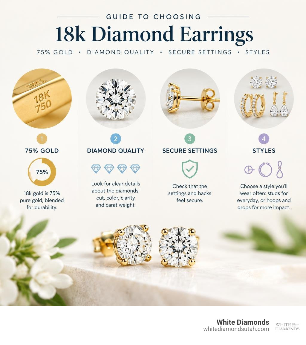 Guide to choosing 18k diamond earrings: 75% gold, diamond quality, secure settings, and styles infographic Guide to choosing 18k diamond earrings: 75% gold, diamond quality, secure settings, and styles infographic