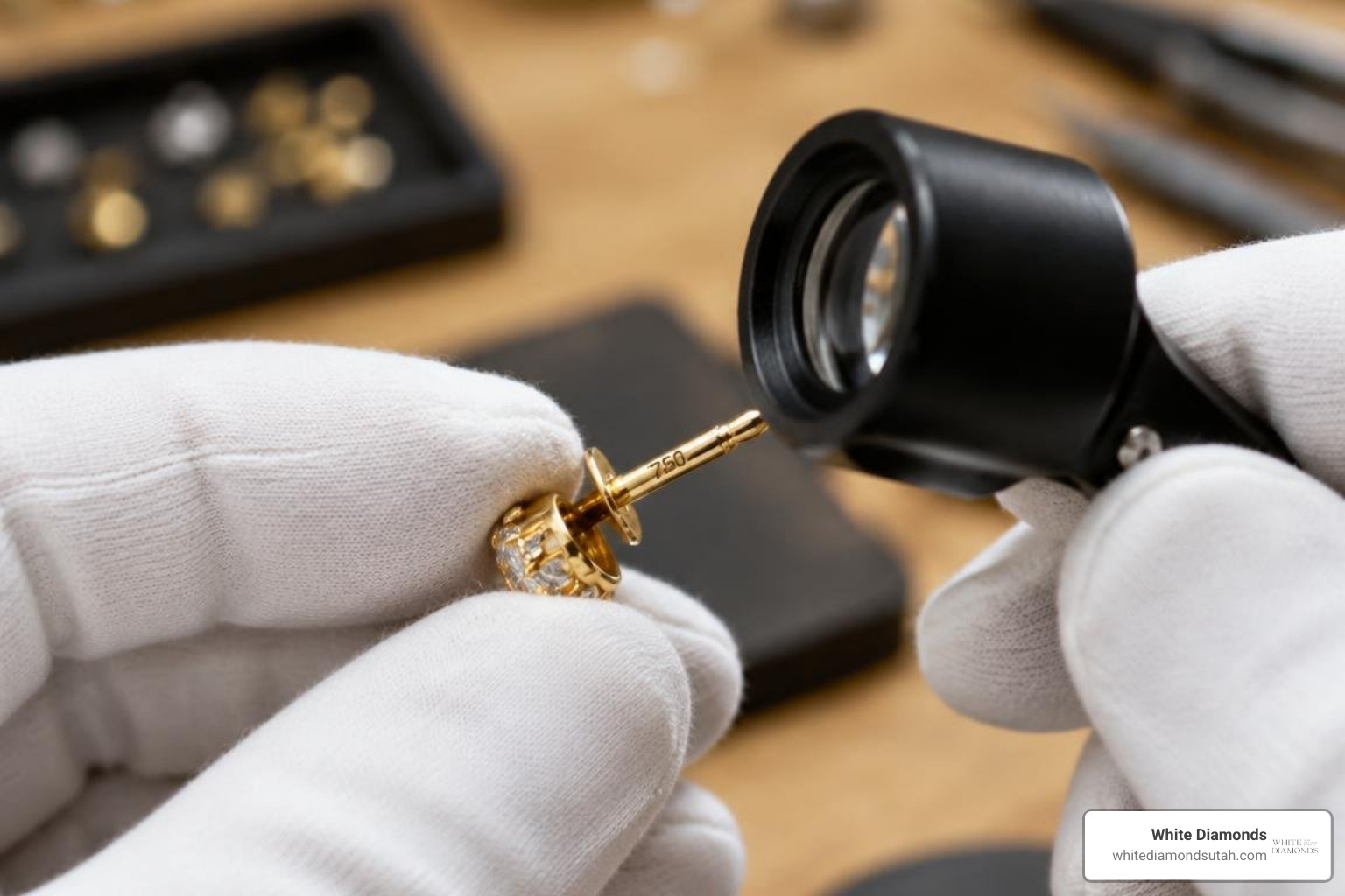 jeweler inspecting hallmark stamps on an 18k earring post jeweler inspecting hallmark stamps on an 18k earring post