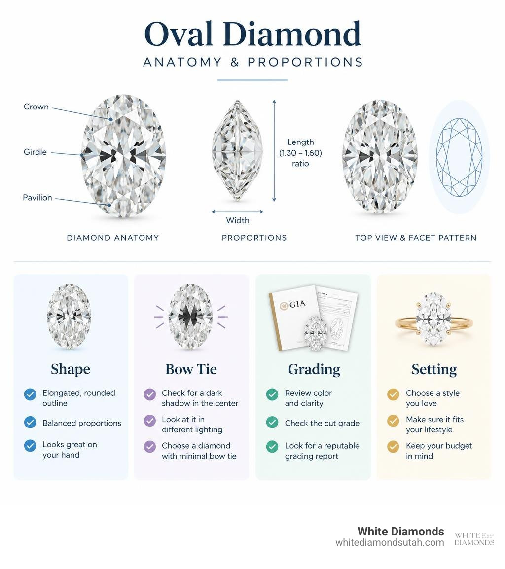 Oval diamond anatomy and proportions, with a checklist for shape, bow tie, grading, and setting infographic Oval diamond anatomy and proportions, with a checklist for shape, bow tie, grading, and setting infographic