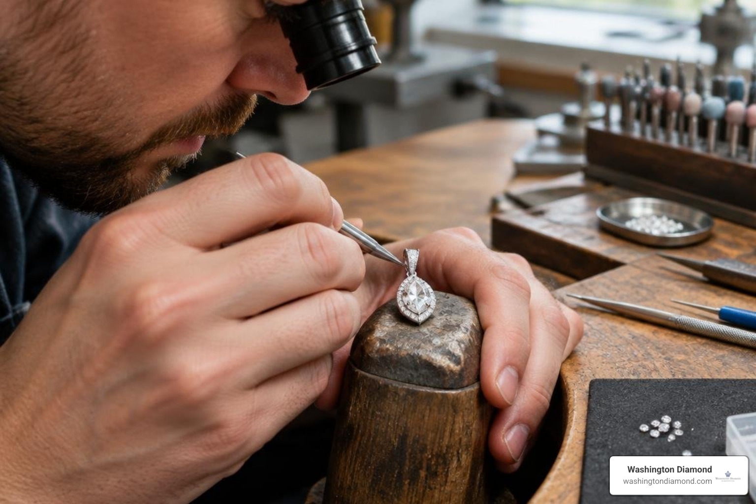 Artisan jewelers handcrafting a custom diamond pendant Artisan jewelers handcrafting a custom diamond pendant